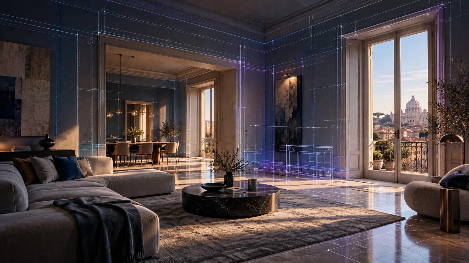 Immagine concettuale AI di un interno con linee di misura: conoscenza e presentazione della casa